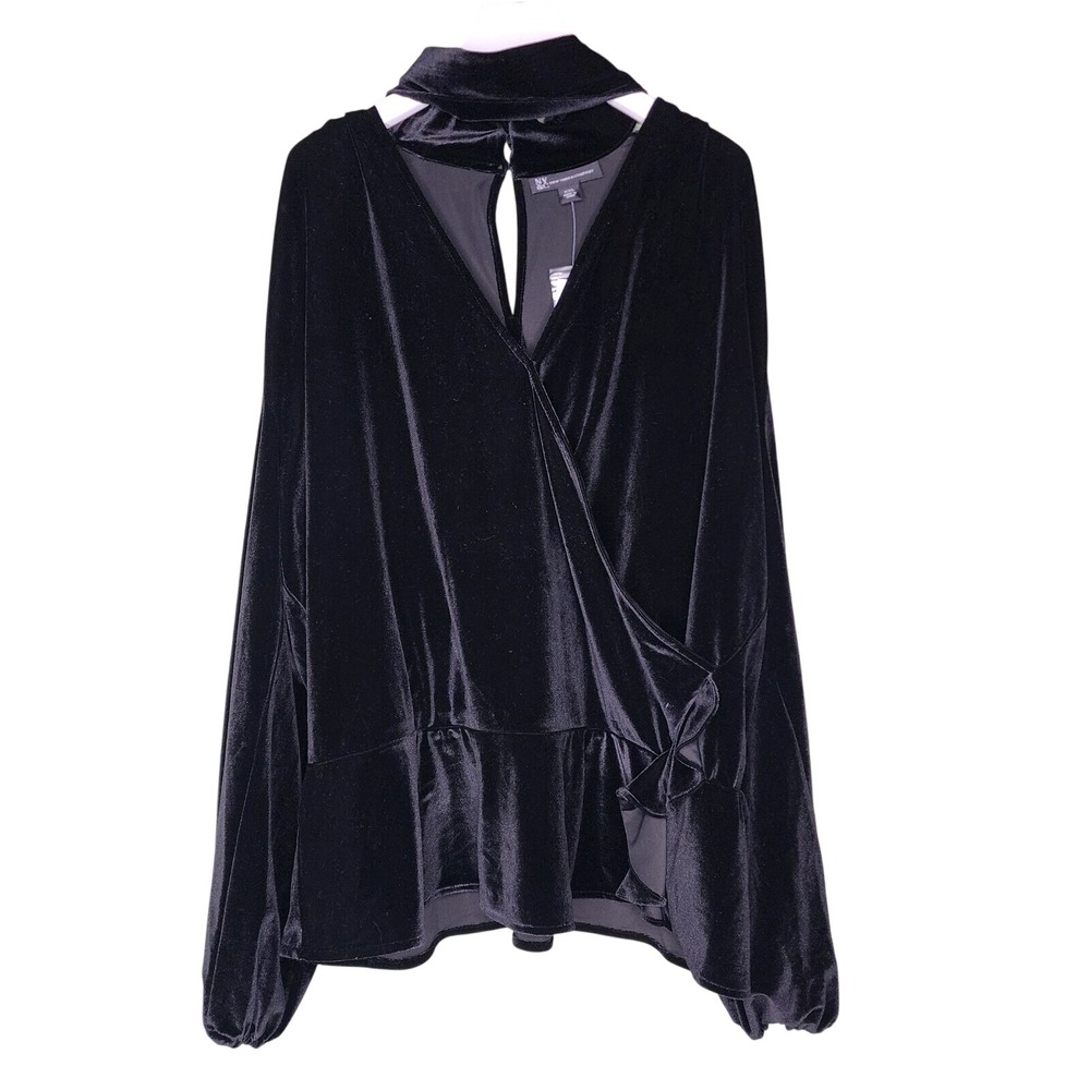 New York & Company Black Velour Top‎ XXL Peplum Surplice Balloon Sleeve Keyhole
